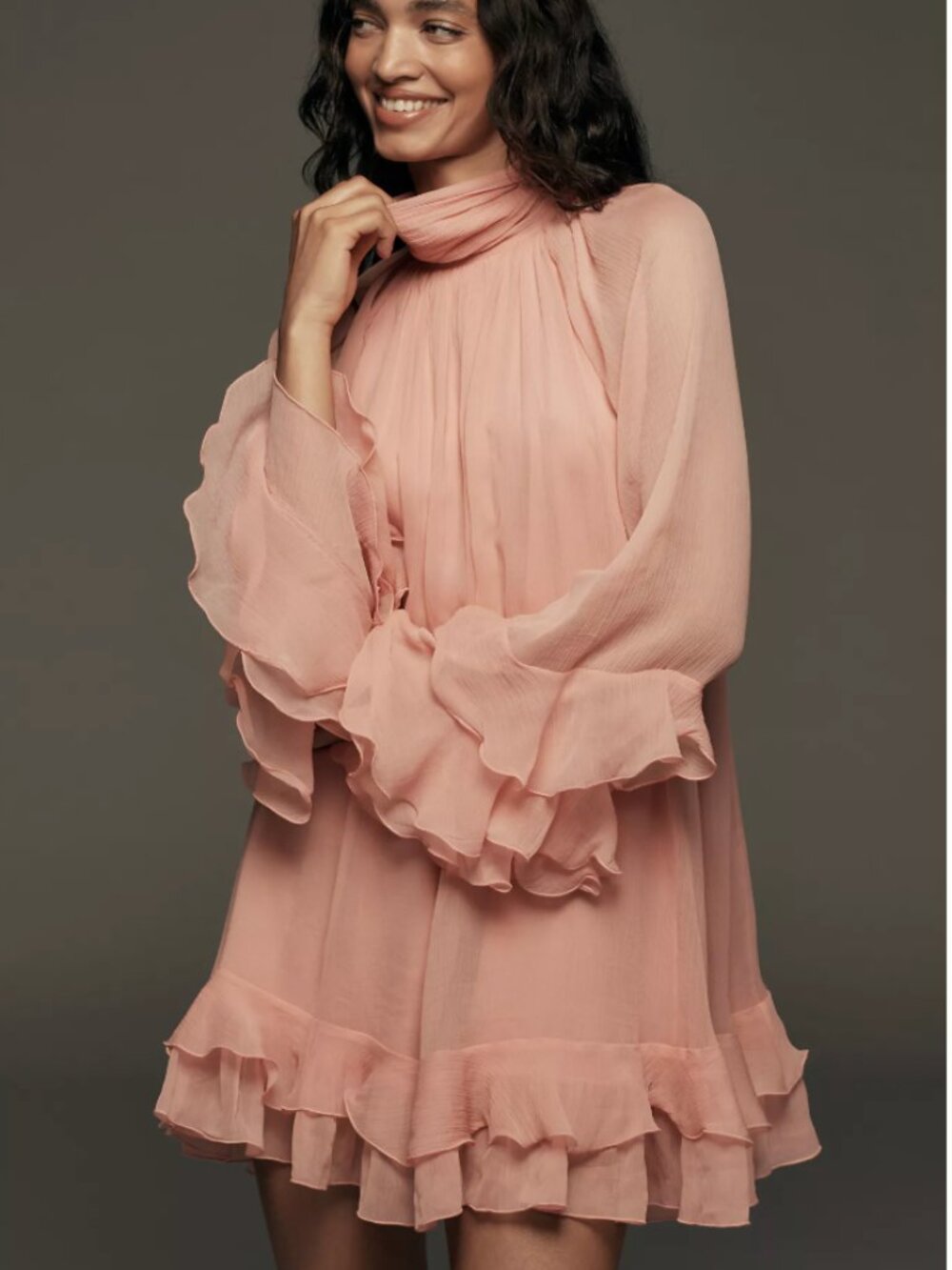 Anthropologie Let Me Be Long-Sleeve Ruffle Pink Mini Dress